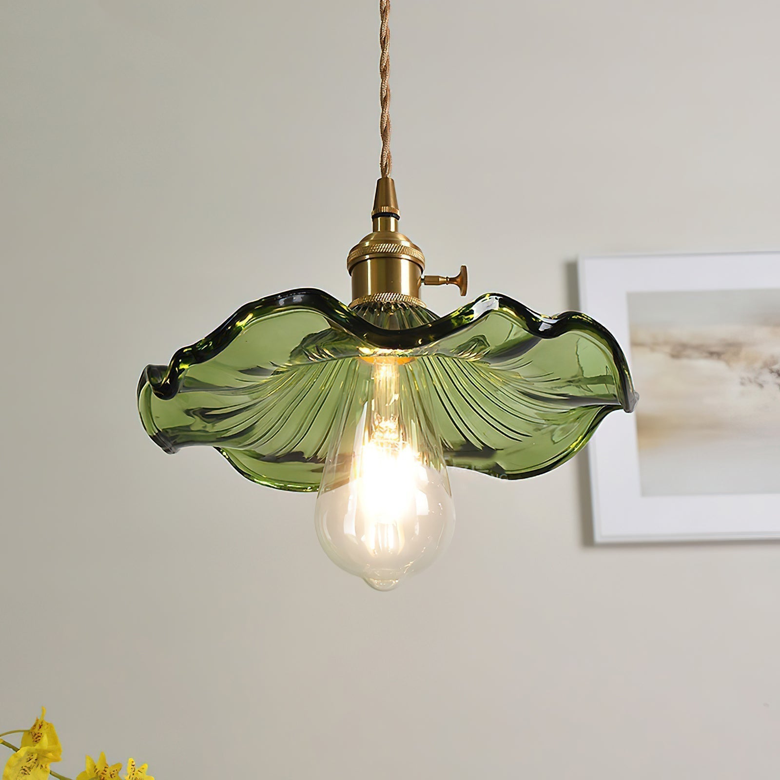 Elegant Art Nouveau Fluted Glass Hibiscus Flower Pendant Light with Brass Accents