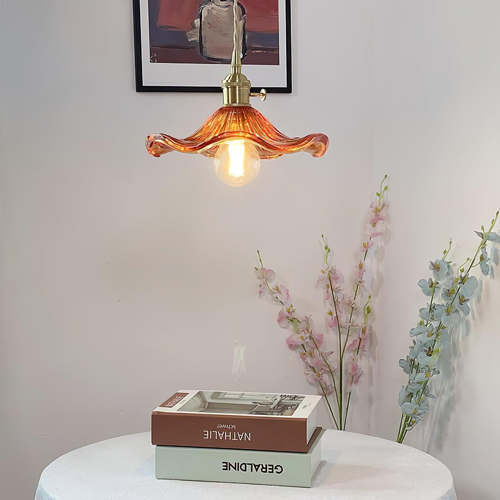 Elegant Art Nouveau Fluted Glass Hibiscus Flower Pendant Light with Brass Accents
