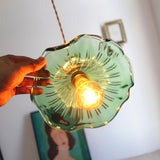 Elegant Art Nouveau Fluted Glass Hibiscus Flower Pendant Light with Brass Accents