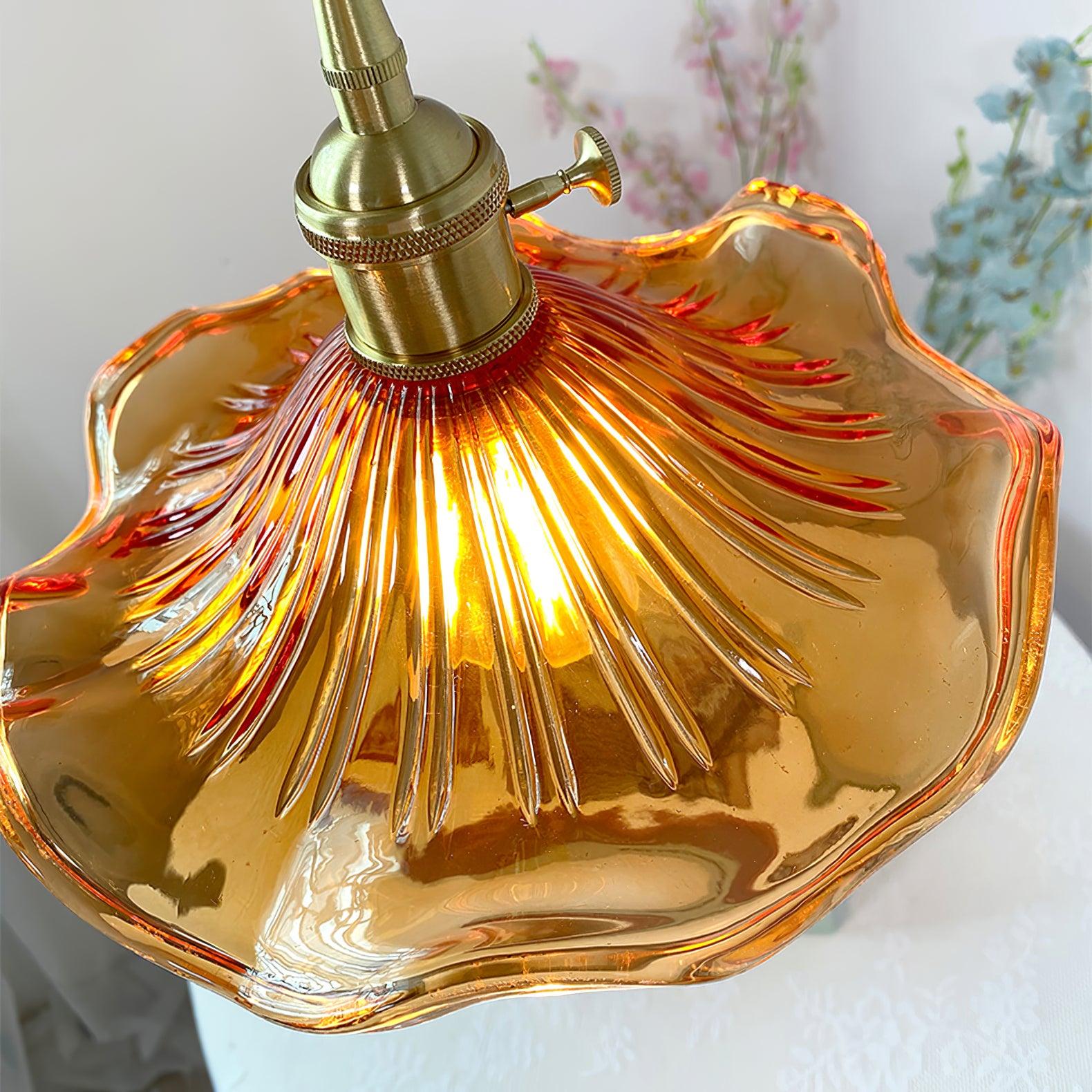 Elegant Art Nouveau Fluted Glass Hibiscus Flower Pendant Light with Brass Accents
