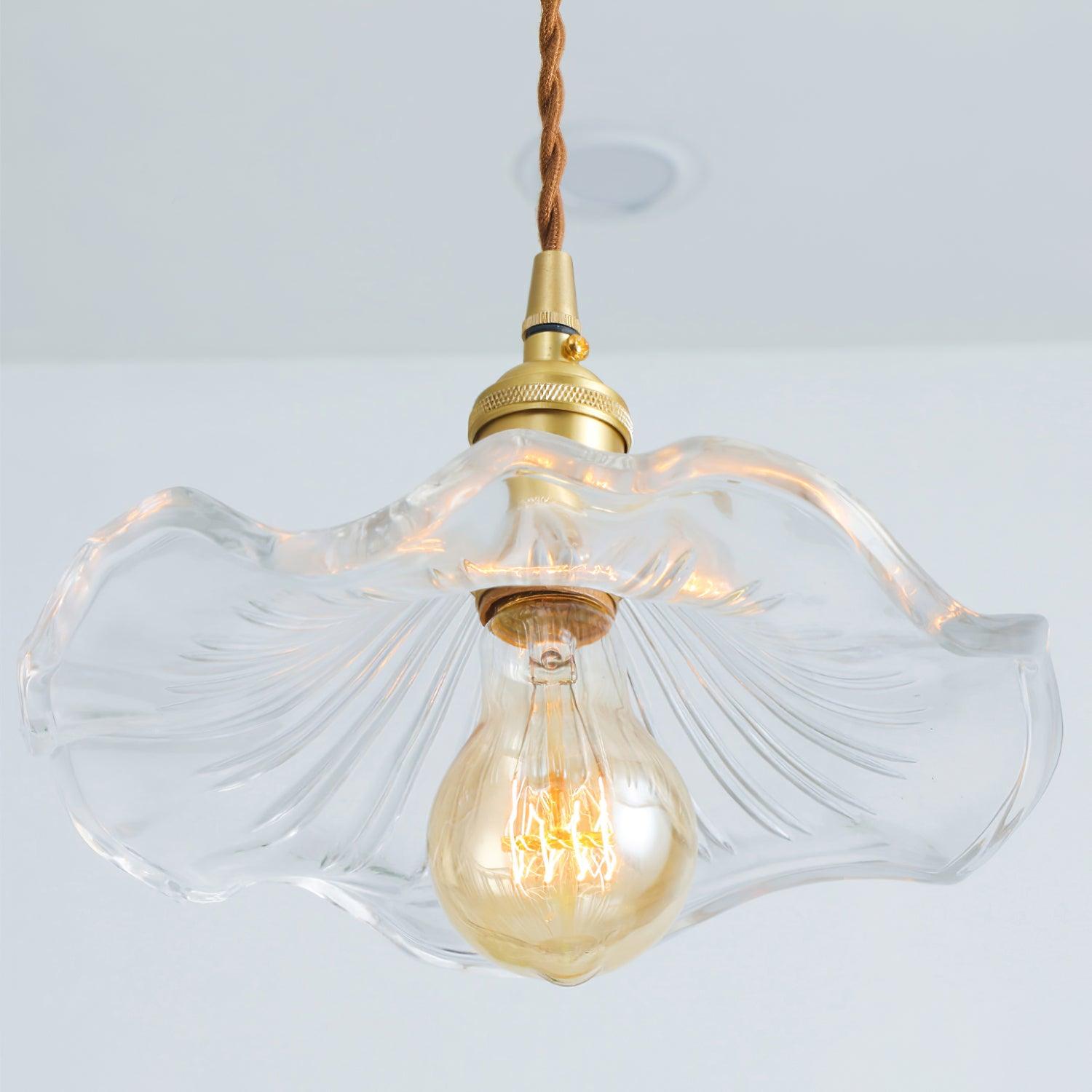 Elegant Art Nouveau Fluted Glass Hibiscus Flower Pendant Light with Brass Accents