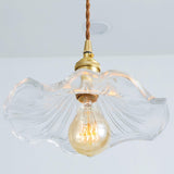 Elegant Art Nouveau Fluted Glass Hibiscus Flower Pendant Light with Brass Accents