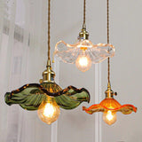 Elegant Art Nouveau Fluted Glass Hibiscus Flower Pendant Light with Brass Accents