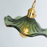 Elegant Art Nouveau Fluted Glass Hibiscus Flower Pendant Light with Brass Accents
