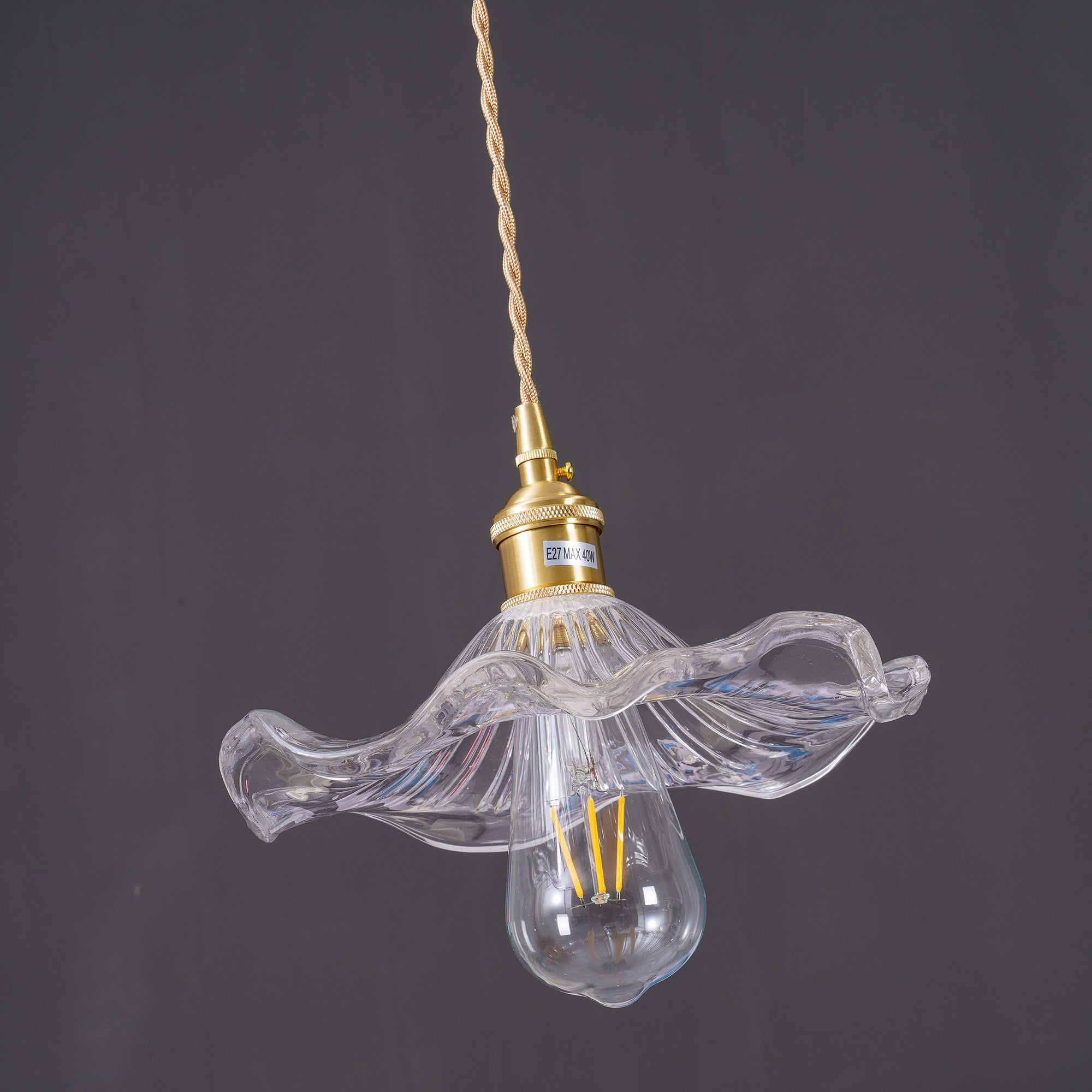 Elegant Art Nouveau Fluted Glass Hibiscus Flower Pendant Light with Brass Accents