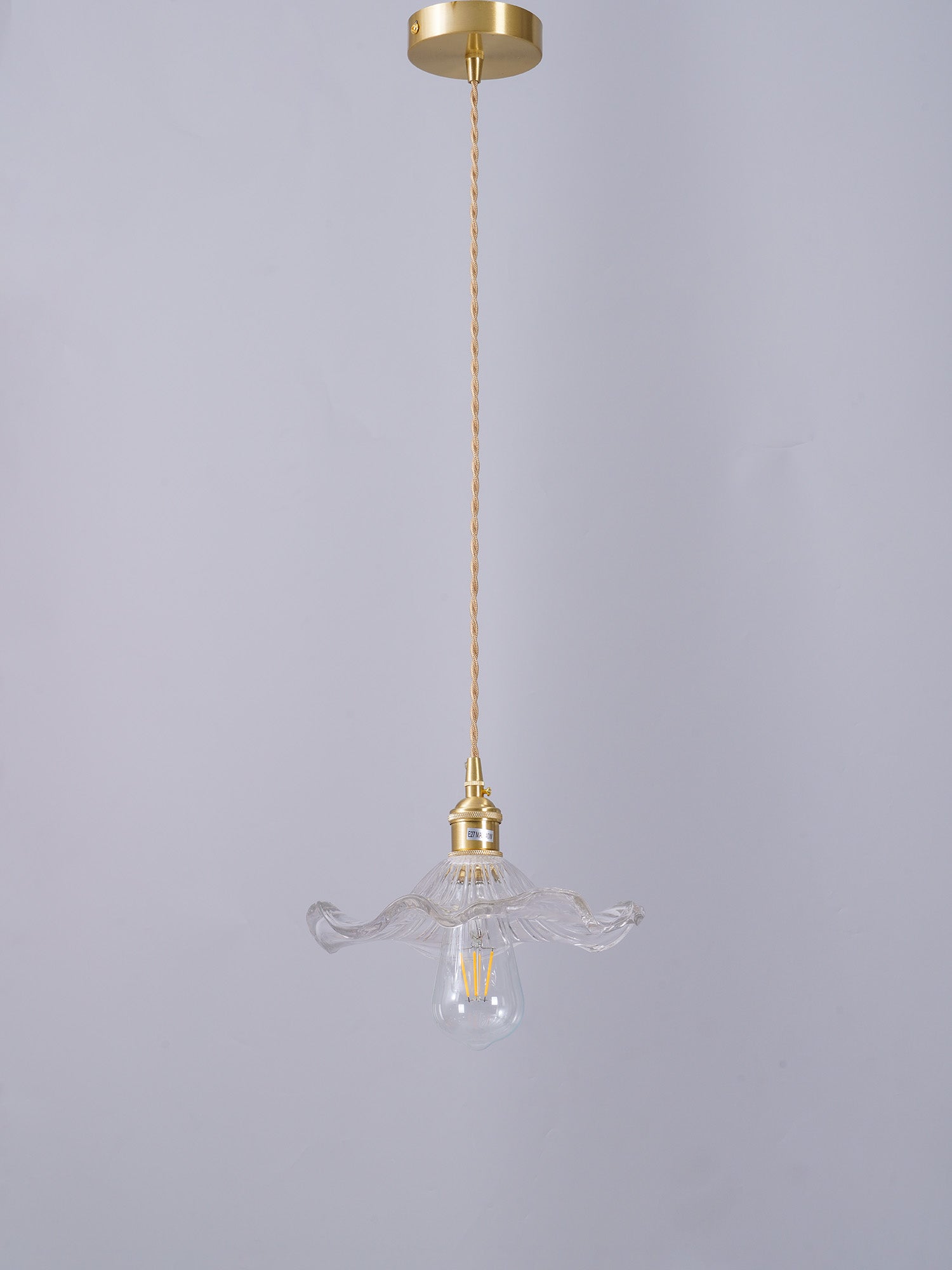 Elegant Art Nouveau Fluted Glass Hibiscus Flower Pendant Light with Brass Accents