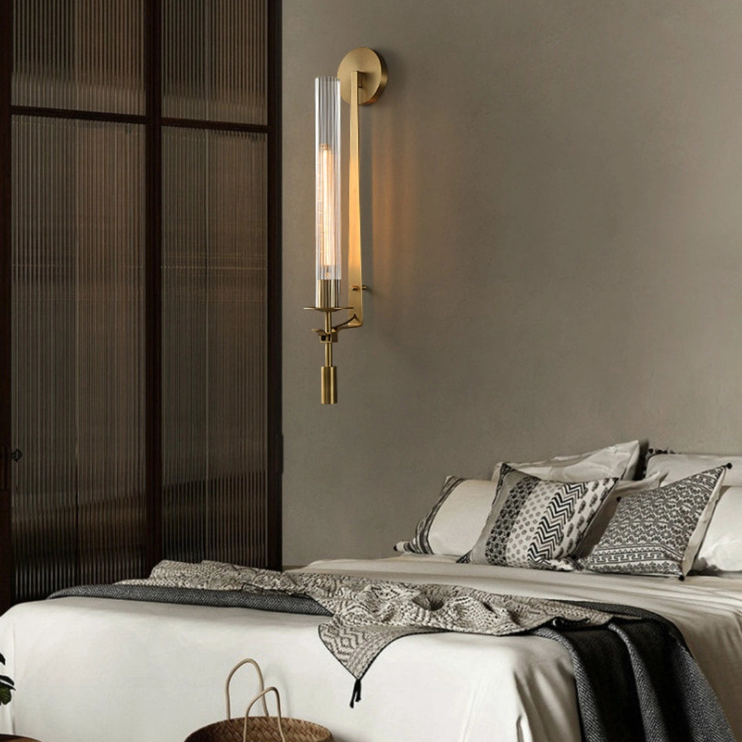 Elegant Brass and Ribbed Glass Architectural Wall Sconce French Style Minimalist Indoor Lighting