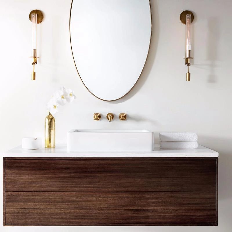 Elegant Brass and Ribbed Glass Architectural Wall Sconce French Style Minimalist Indoor Lighting