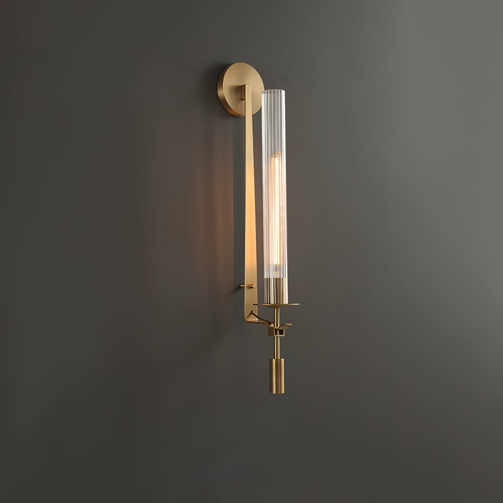 Elegant Brass and Ribbed Glass Architectural Wall Sconce French Style Minimalist Indoor Lighting