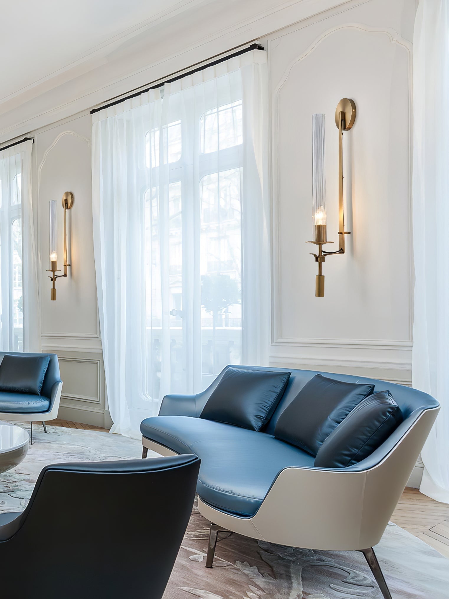 Elegant Brass and Ribbed Glass Architectural Wall Sconce French Style Minimalist Indoor Lighting
