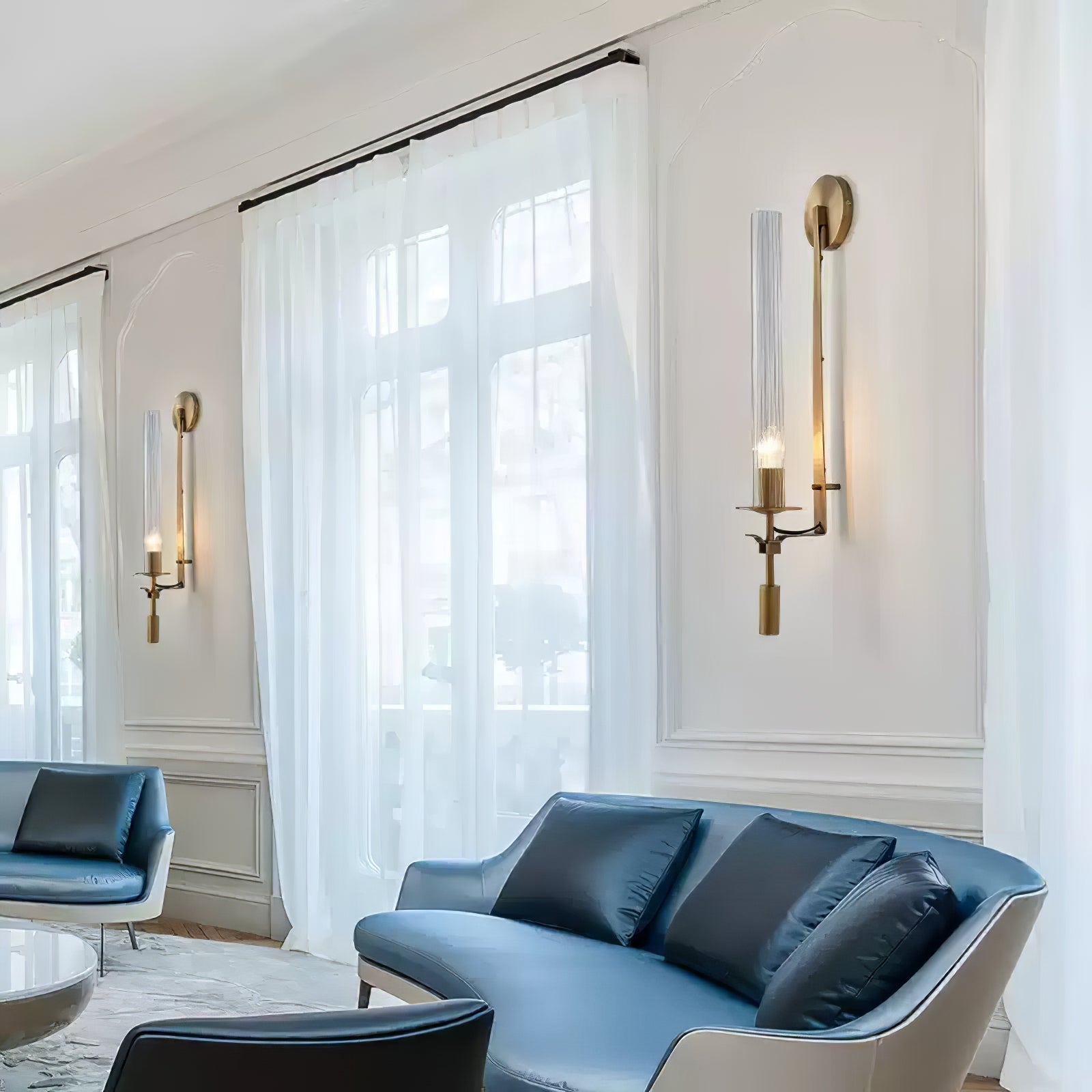 Elegant Brass and Ribbed Glass Architectural Wall Sconce French Style Minimalist Indoor Lighting