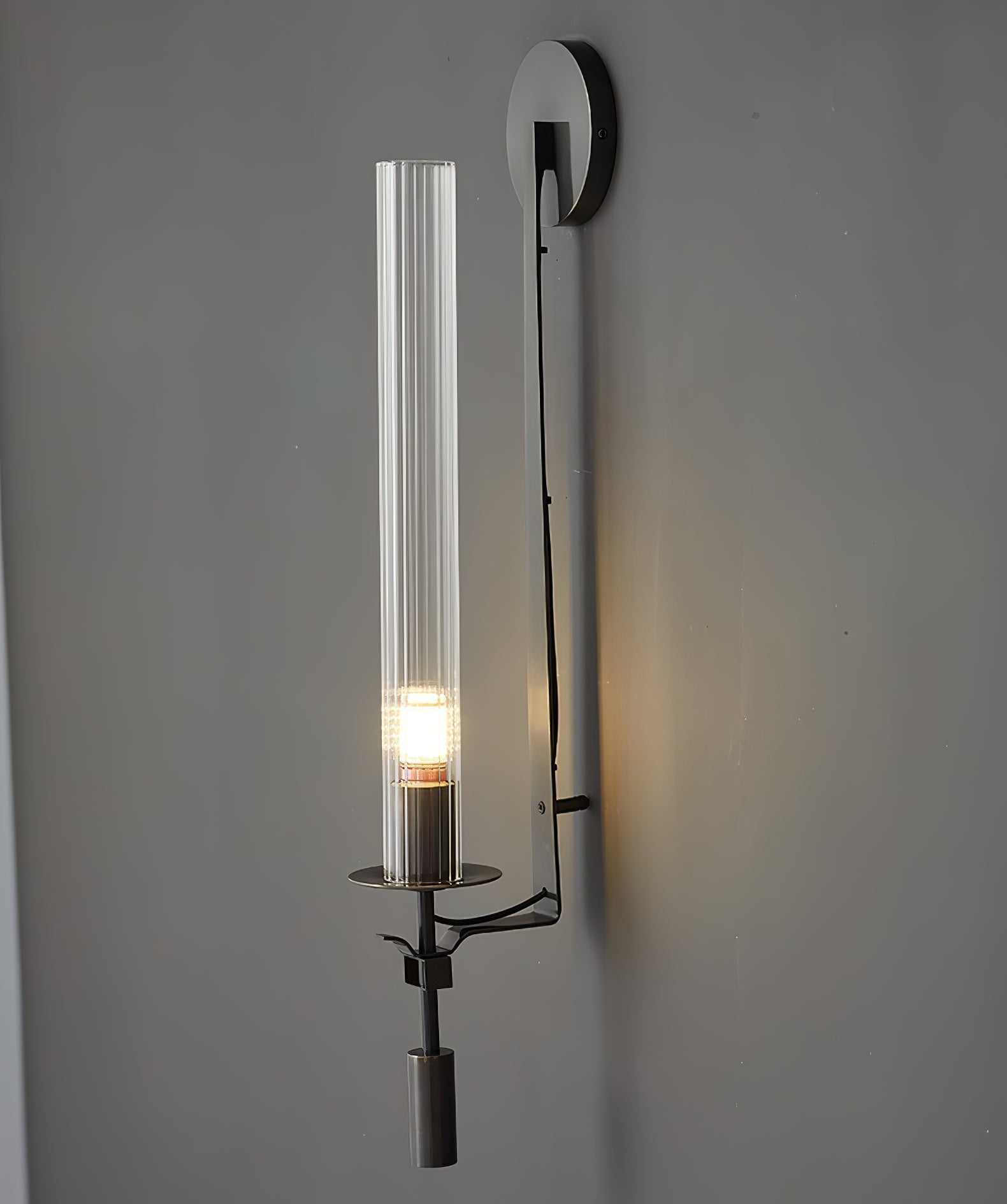Elegant Brass and Ribbed Glass Architectural Wall Sconce French Style Minimalist Indoor Lighting