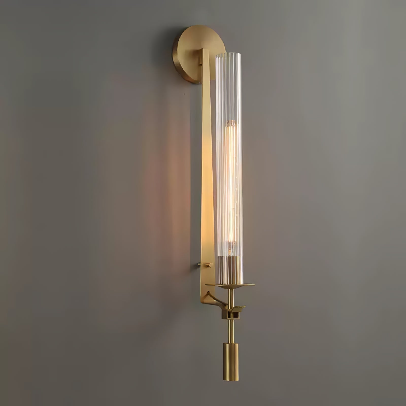 Elegant Brass and Ribbed Glass Architectural Wall Sconce French Style Minimalist Indoor Lighting