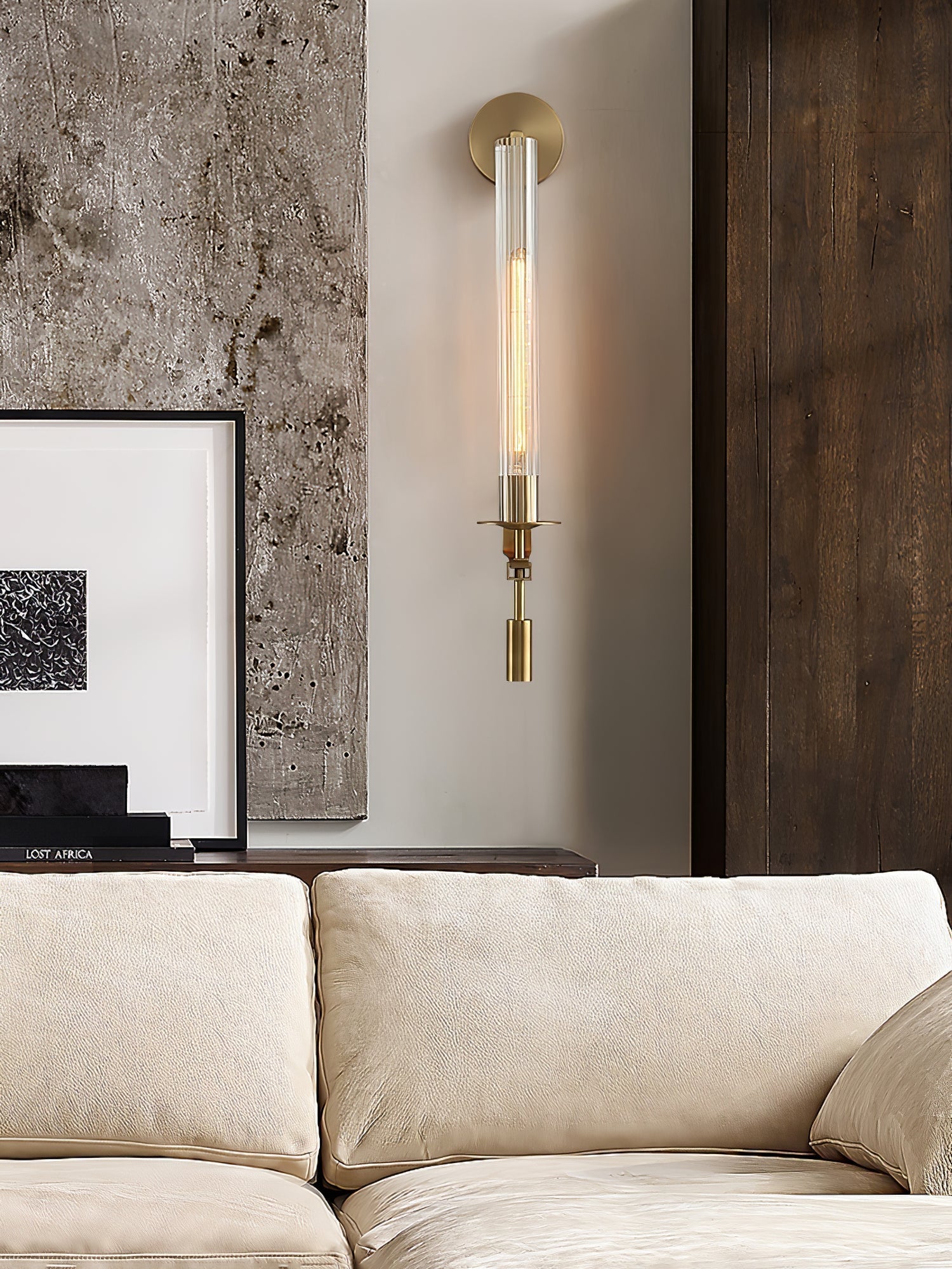 Elegant Brass and Ribbed Glass Architectural Wall Sconce French Style Minimalist Indoor Lighting