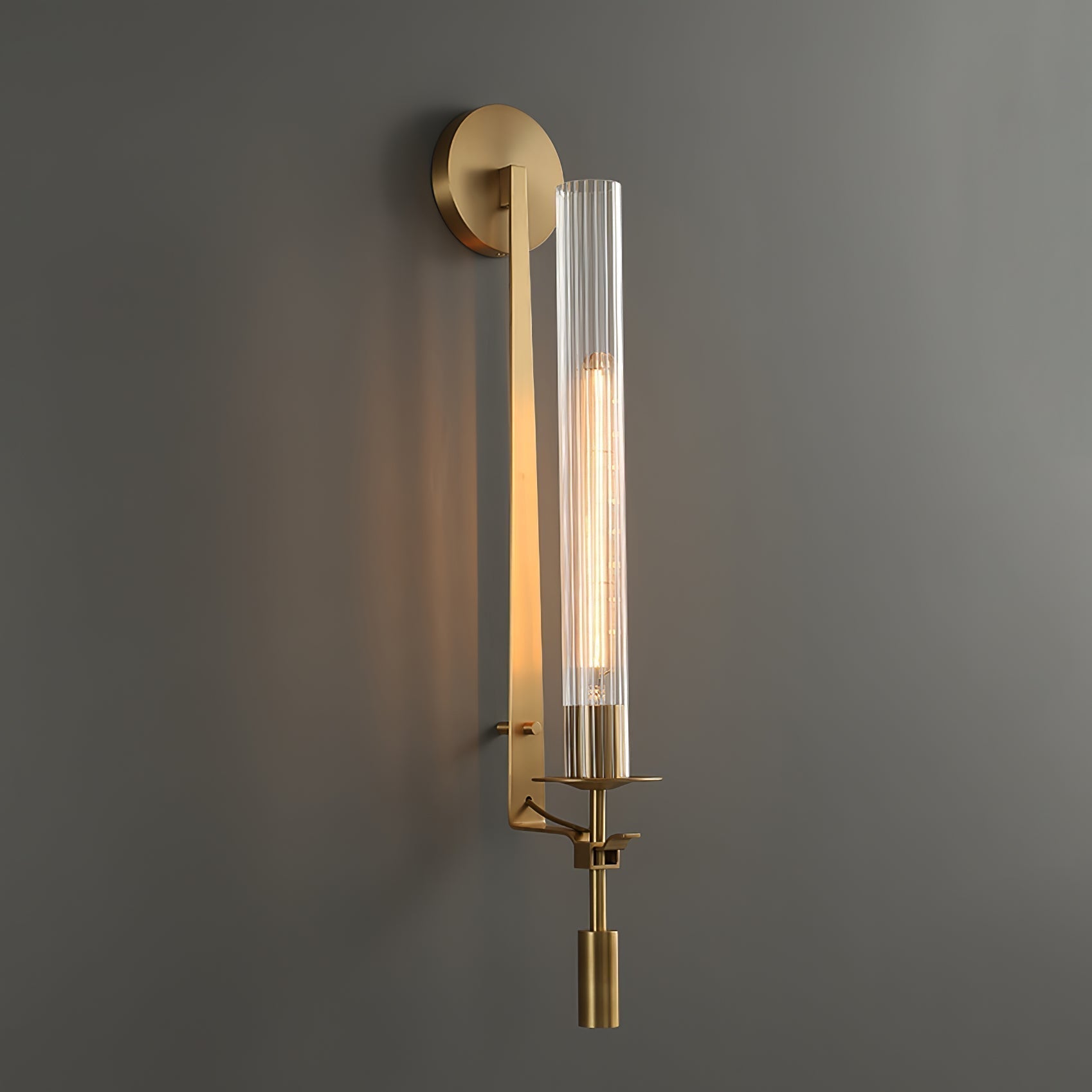 Elegant Brass and Ribbed Glass Architectural Wall Sconce French Style Minimalist Indoor Lighting