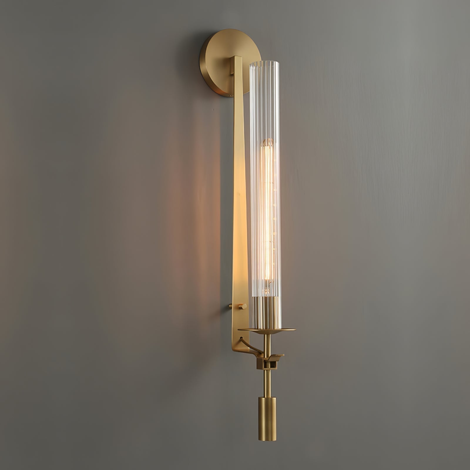Elegant Brass and Ribbed Glass Architectural Wall Sconce French Style Minimalist Indoor Lighting