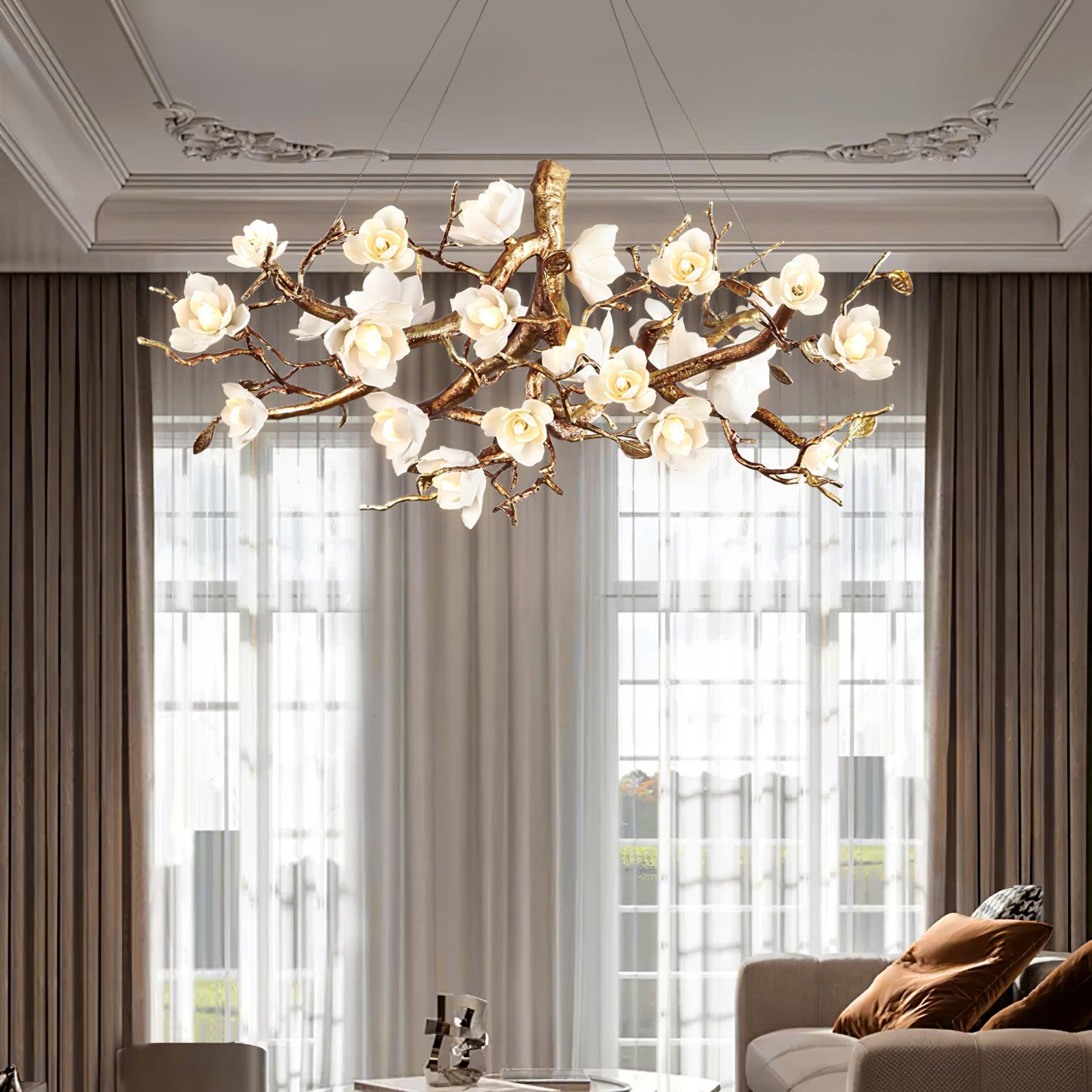 Elegant Brass Branch Ceiling Chandelier with White Ceramic Flowers for Luxury Interior Lighting
