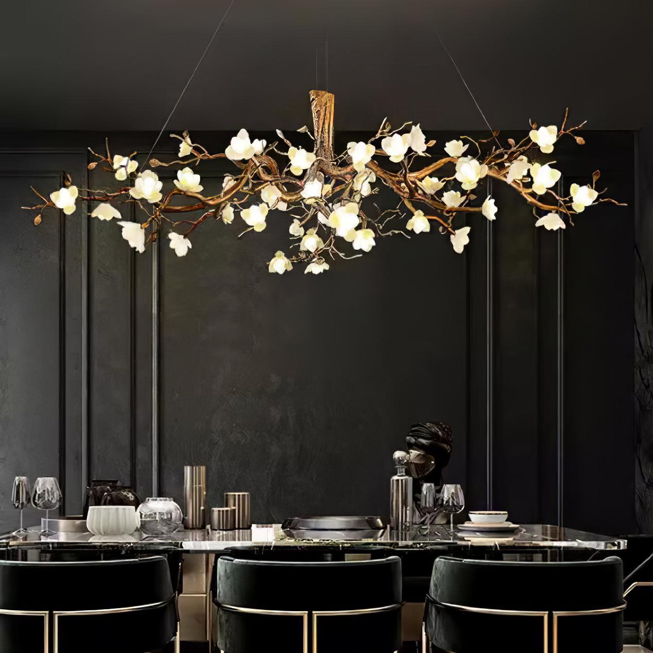 Elegant Brass Branch Ceiling Chandelier with White Ceramic Flowers for Luxury Interior Lighting