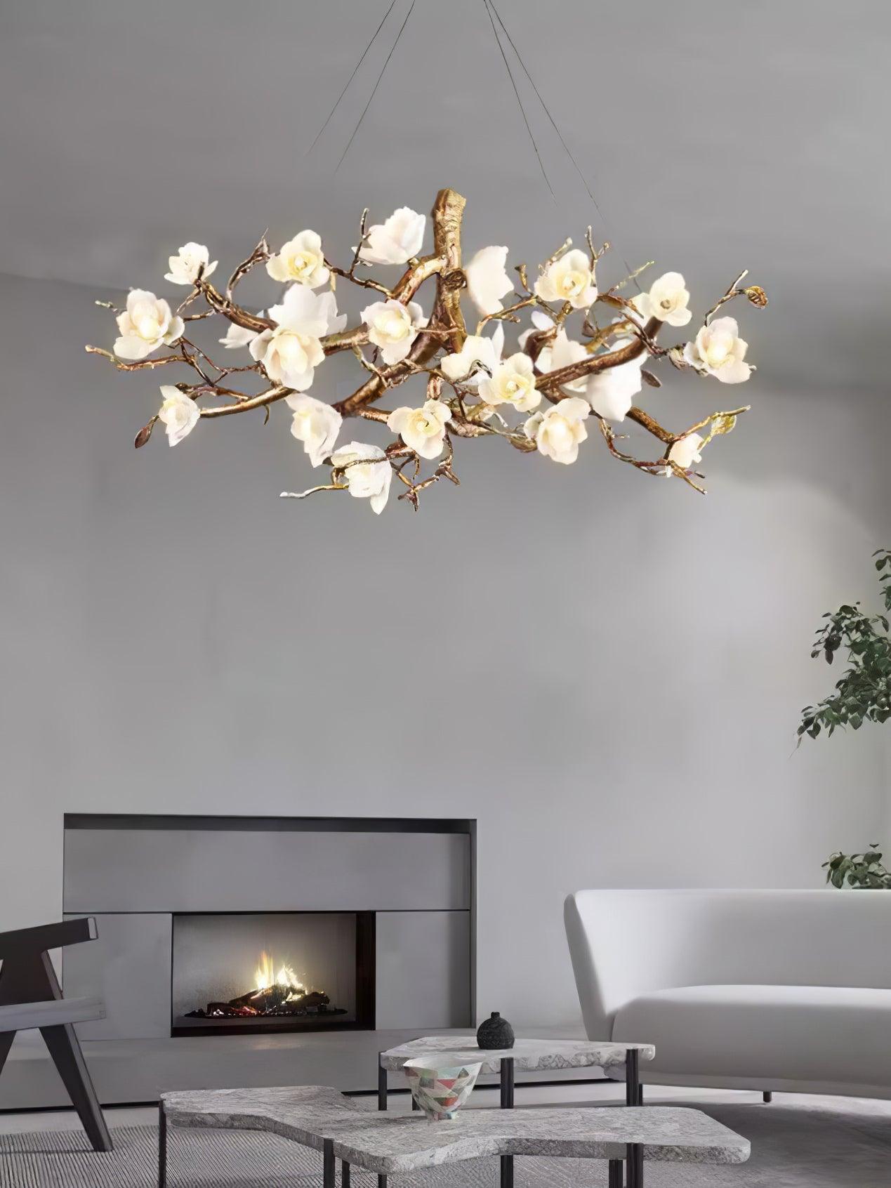 Elegant Brass Branch Ceiling Chandelier with White Ceramic Flowers for Luxury Interior Lighting