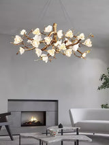 Elegant Brass Branch Ceiling Chandelier with White Ceramic Flowers for Luxury Interior Lighting