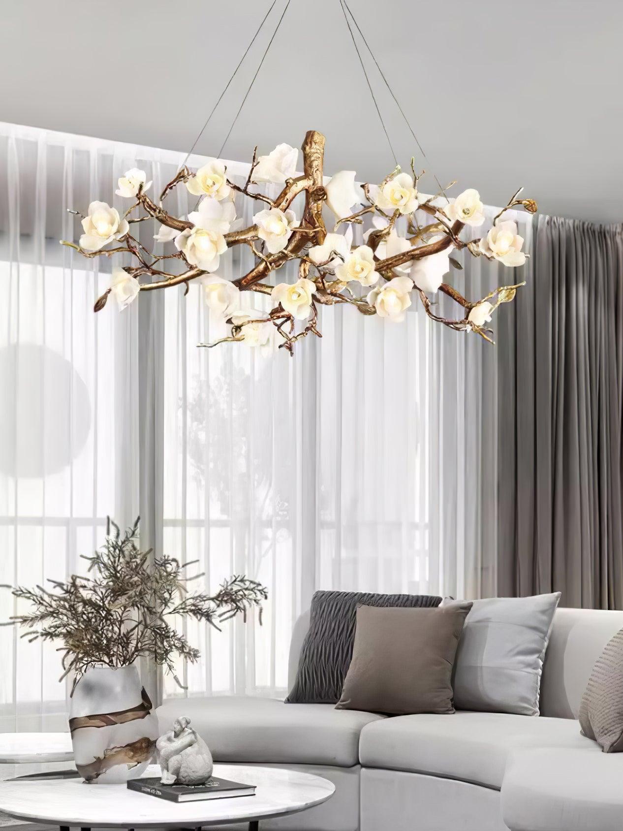 Elegant Brass Branch Ceiling Chandelier with White Ceramic Flowers for Luxury Interior Lighting