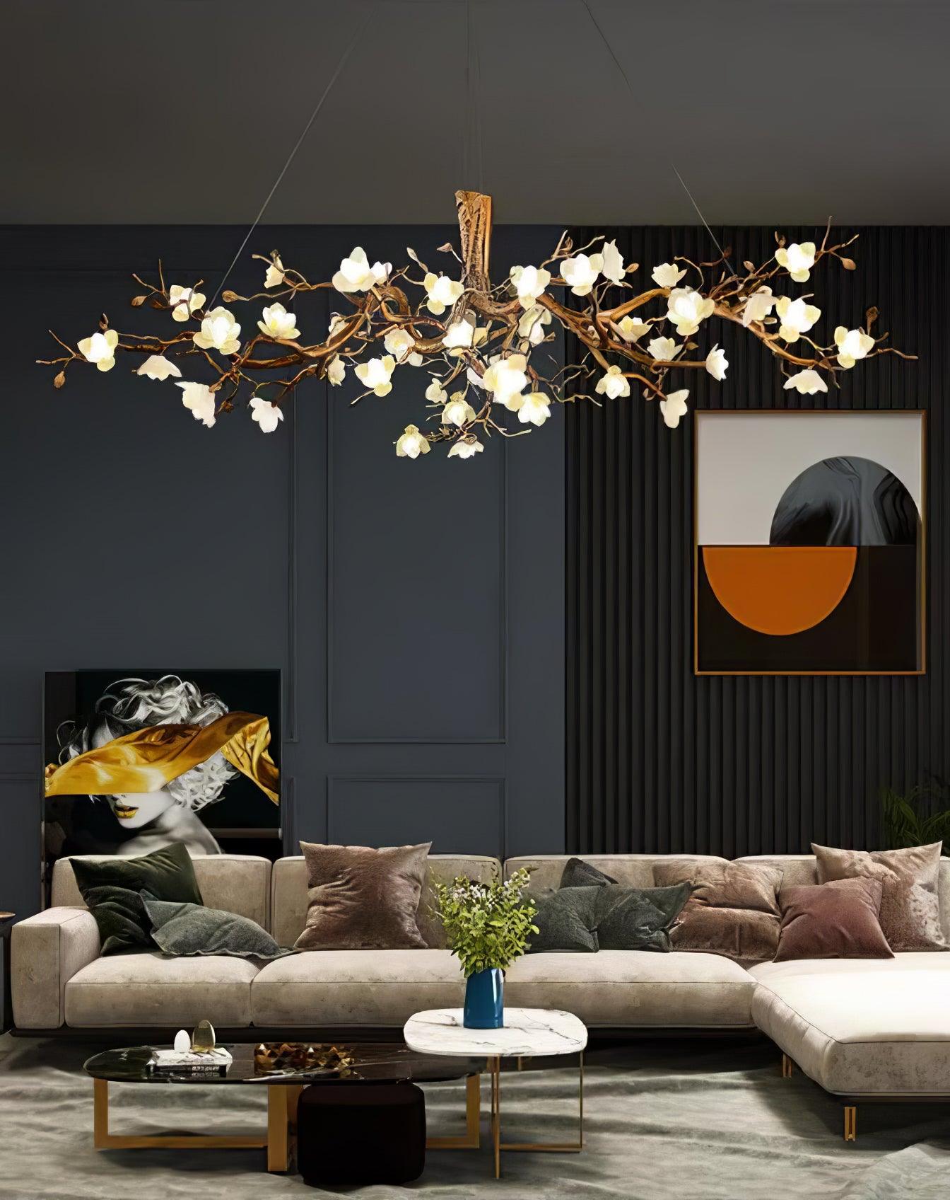 Elegant Brass Branch Ceiling Chandelier with White Ceramic Flowers for Luxury Interior Lighting