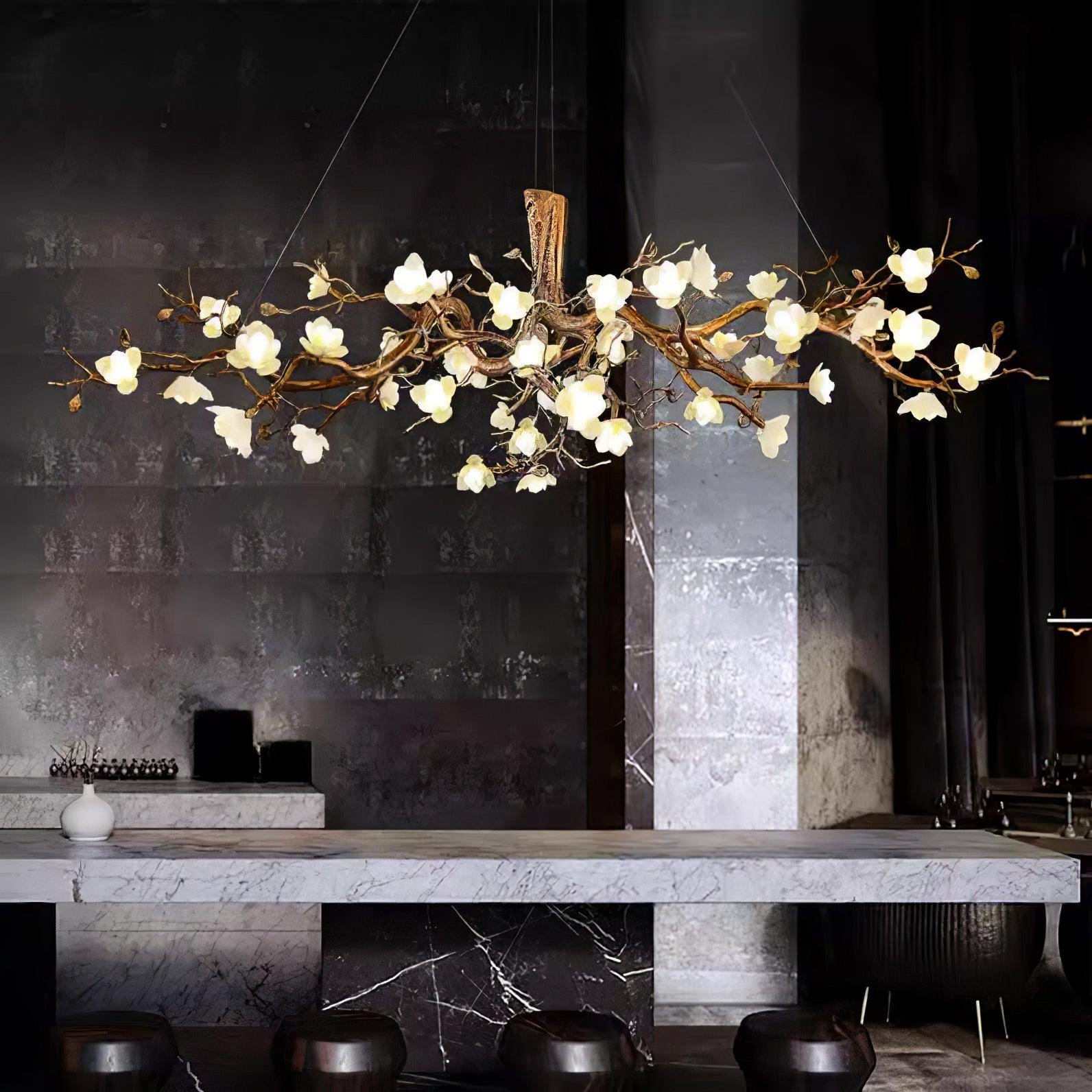 Elegant Brass Branch Ceiling Chandelier with White Ceramic Flowers for Luxury Interior Lighting