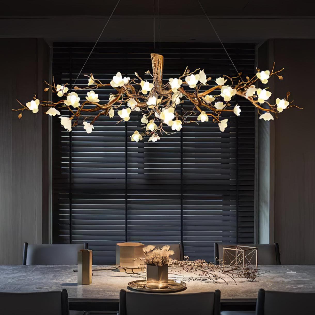 Elegant Brass Branch Ceiling Chandelier with White Ceramic Flowers for Luxury Interior Lighting