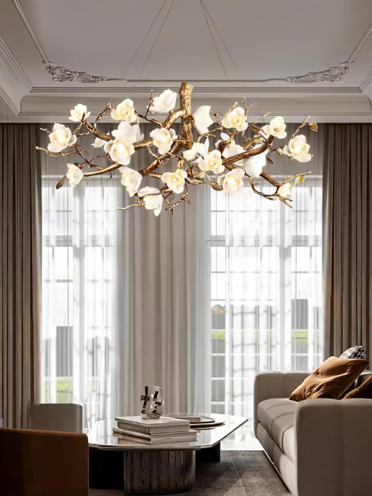 Elegant Brass Branch Ceiling Chandelier with White Ceramic Flowers for Luxury Interior Lighting