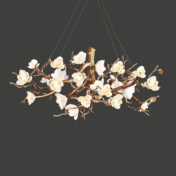 Elegant Brass Branch Ceiling Chandelier with White Ceramic Flowers for Luxury Interior Lighting