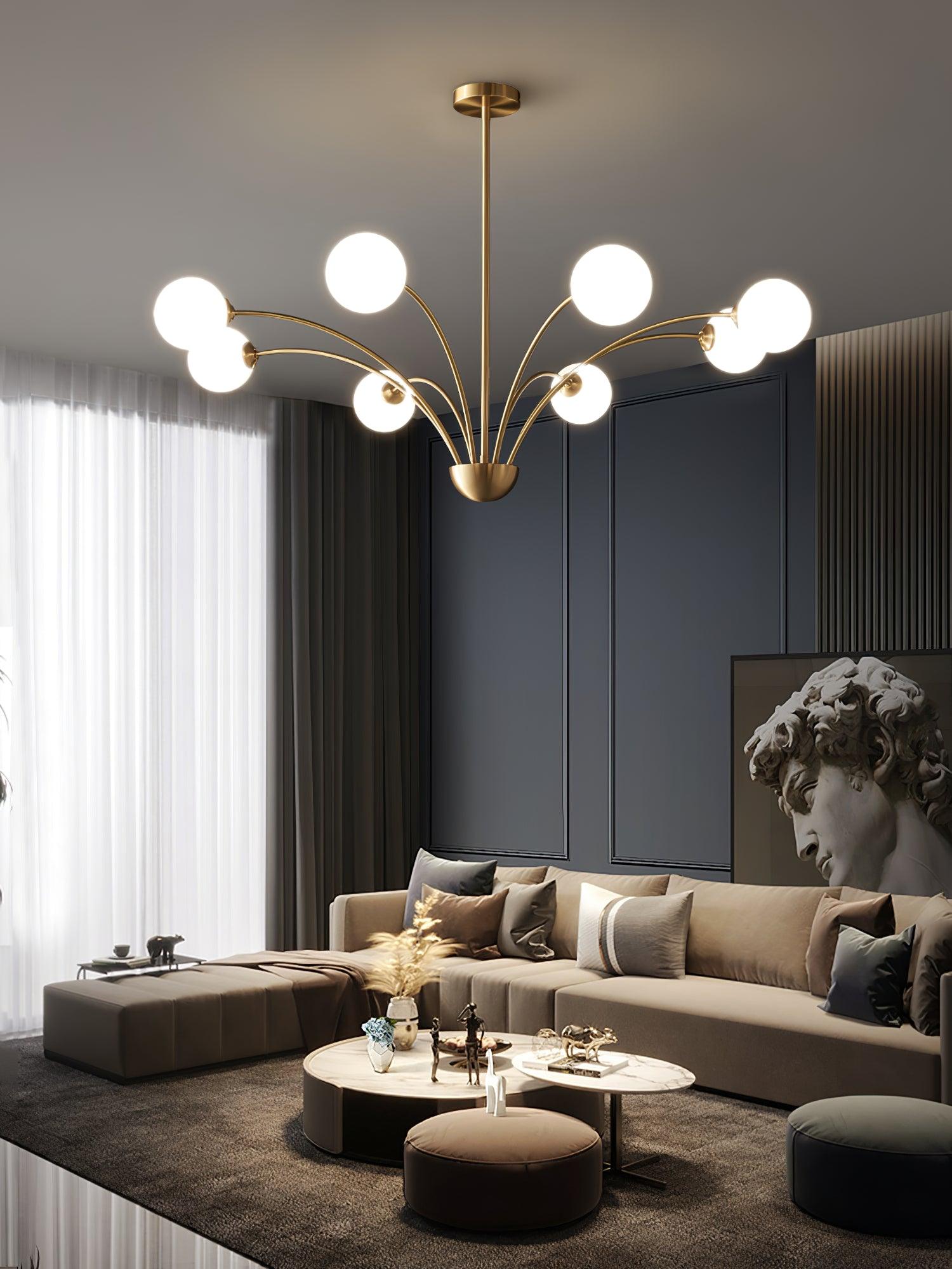 Elegant Brass Ceiling Light Fixture with Multiple Opaque White Glass Globes