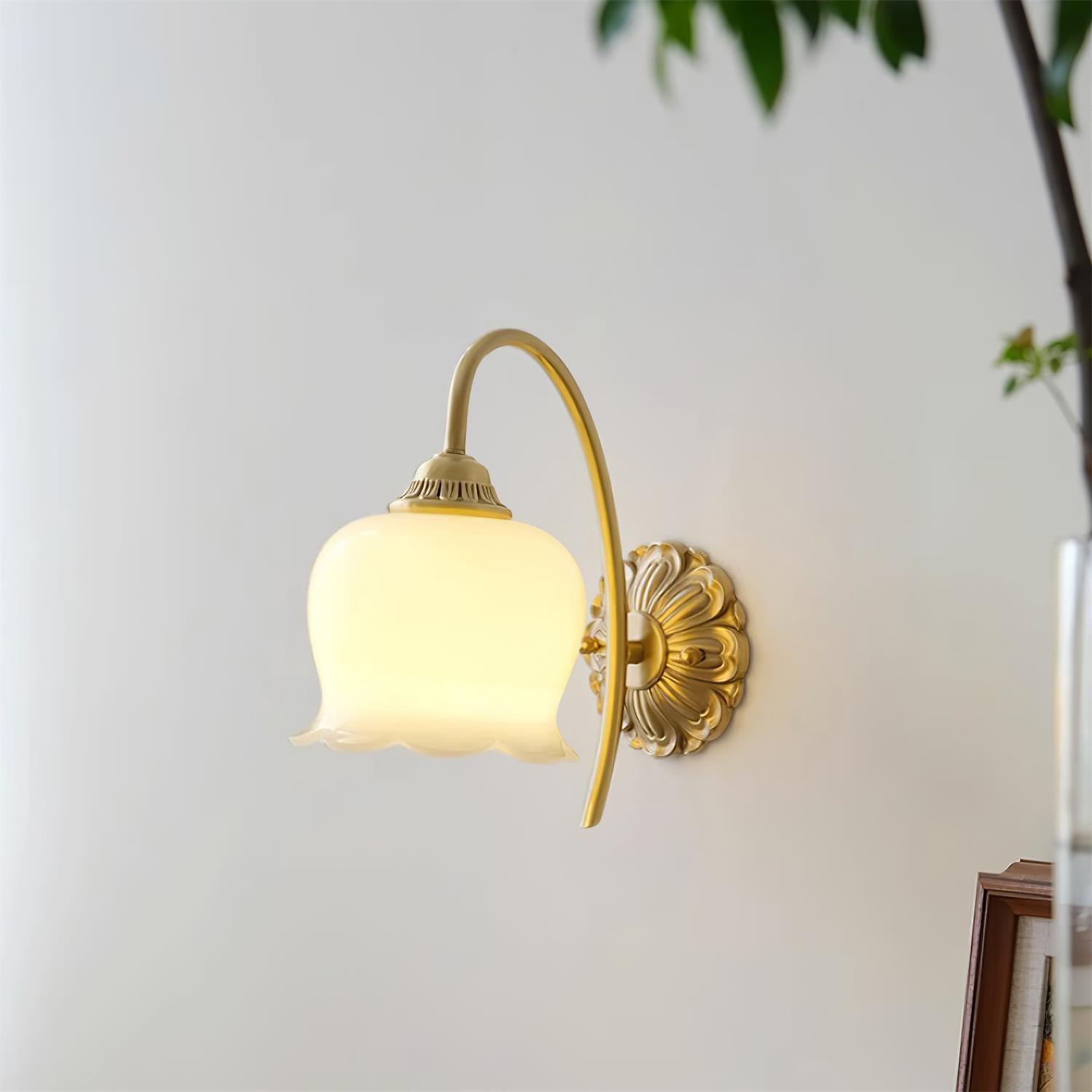 Elegant Brass Flower Wall Sconce with Resin Orchid Details for Living Room and Bedside