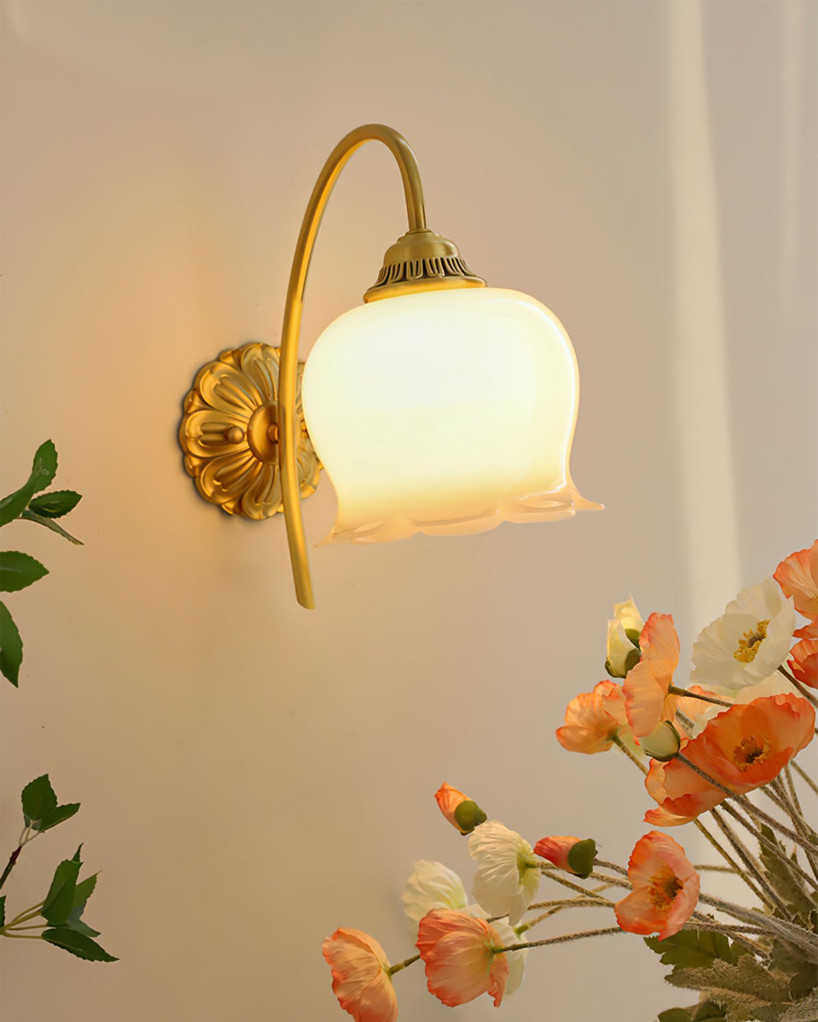 Elegant Brass Flower Wall Sconce with Resin Orchid Details for Living Room and Bedside