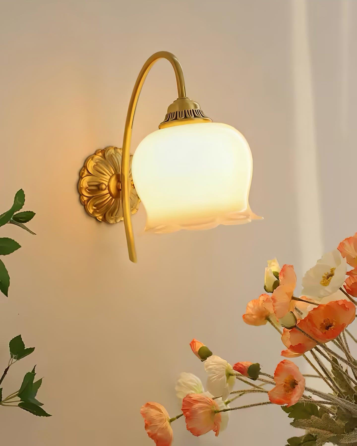 Elegant Brass Flower Wall Sconce with Resin Orchid Details for Living Room and Bedside