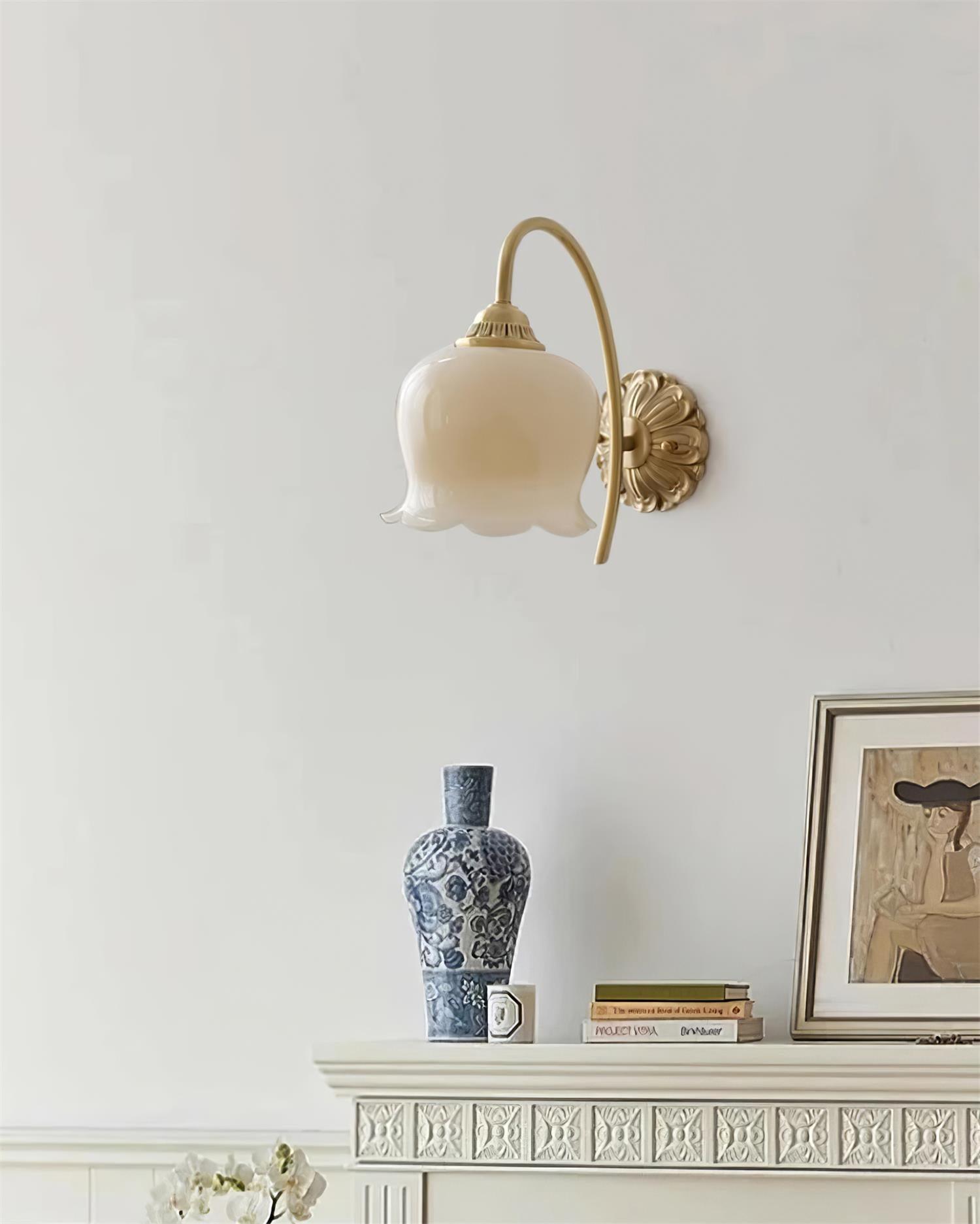 Elegant Brass Flower Wall Sconce with Resin Orchid Details for Living Room and Bedside
