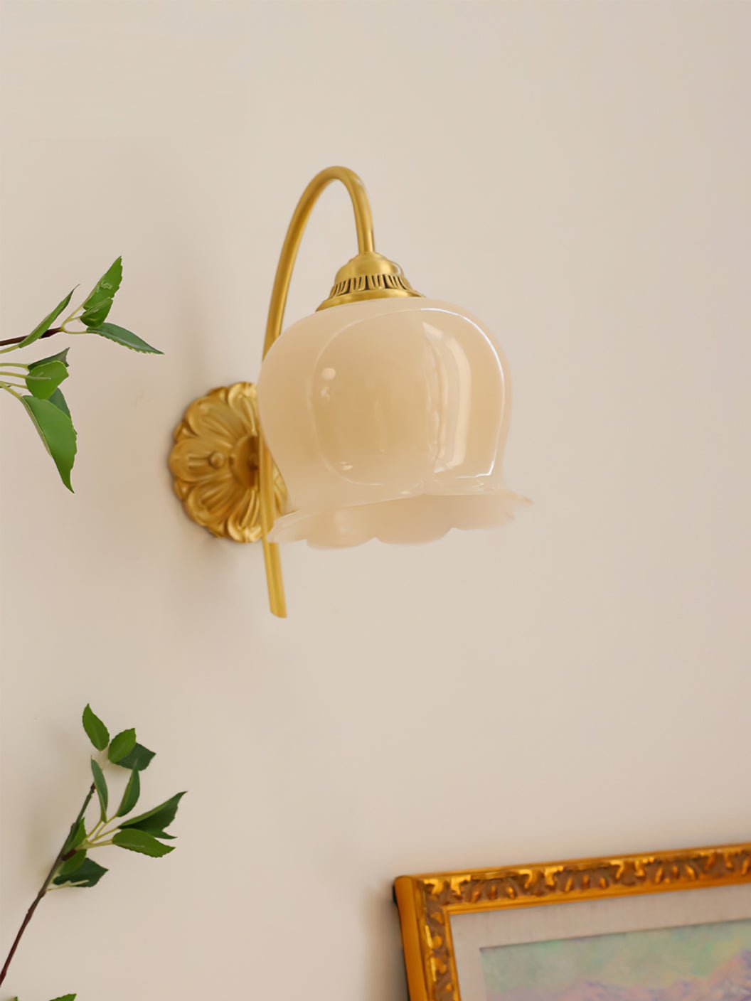 Elegant Brass Flower Wall Sconce with Resin Orchid Details for Living Room and Bedside