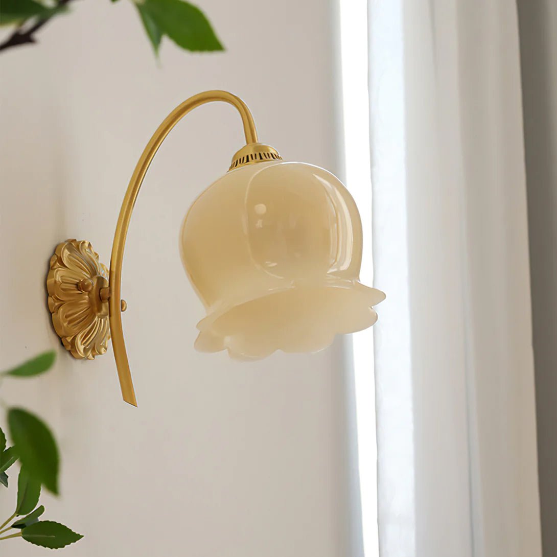 Elegant Brass Flower Wall Sconce with Resin Orchid Details for Living Room and Bedside