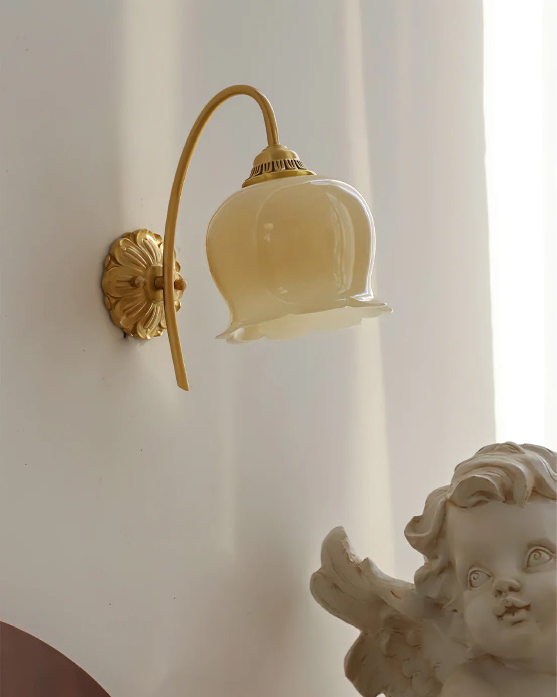 Elegant Brass Flower Wall Sconce with Resin Orchid Details for Living Room and Bedside