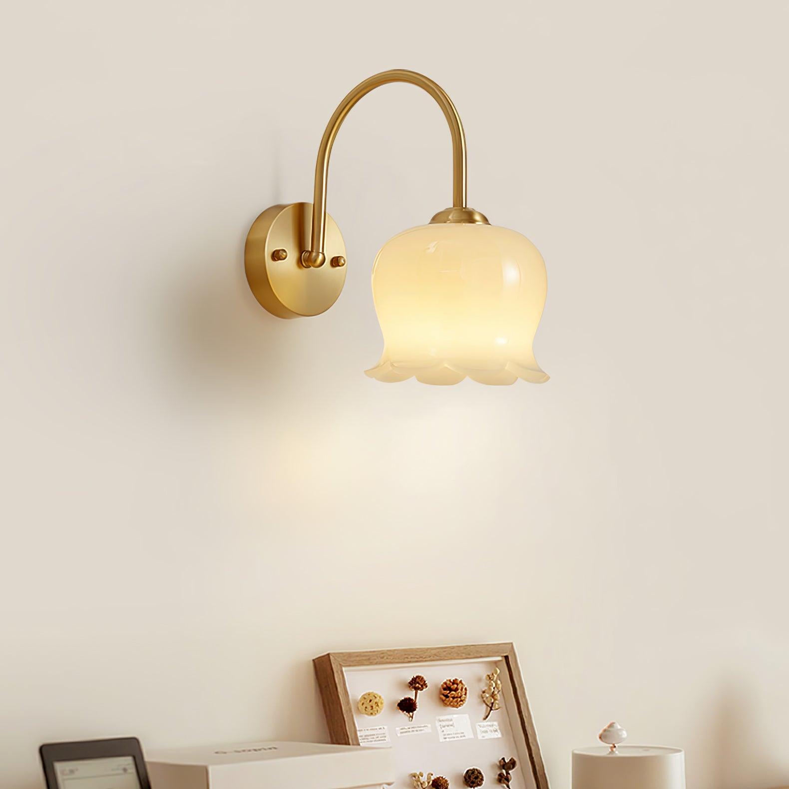 Elegant Brass Orchids Wall Sconce with White Glass Shade for Living Room and Hallway