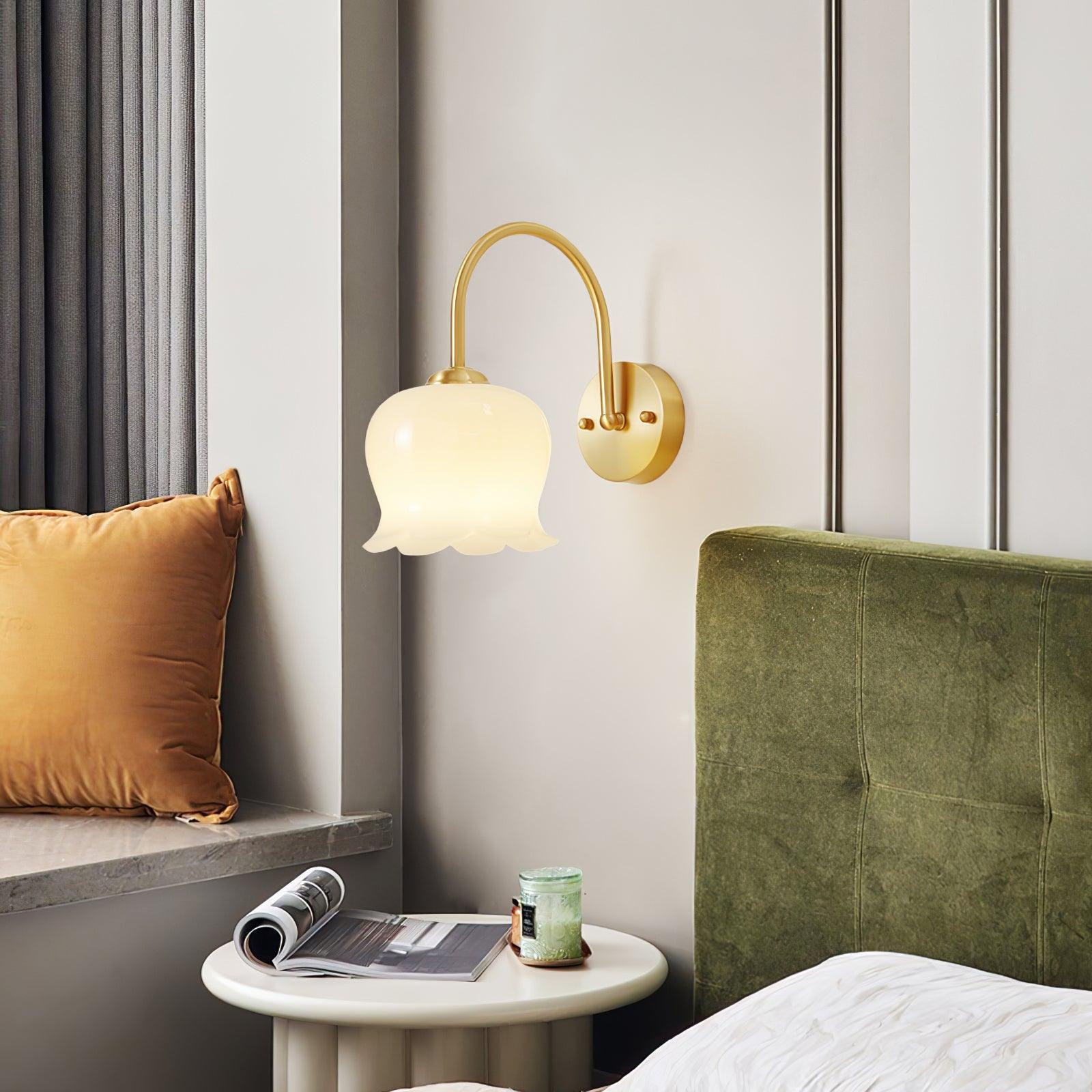 Elegant Brass Orchids Wall Sconce with White Glass Shade for Living Room and Hallway