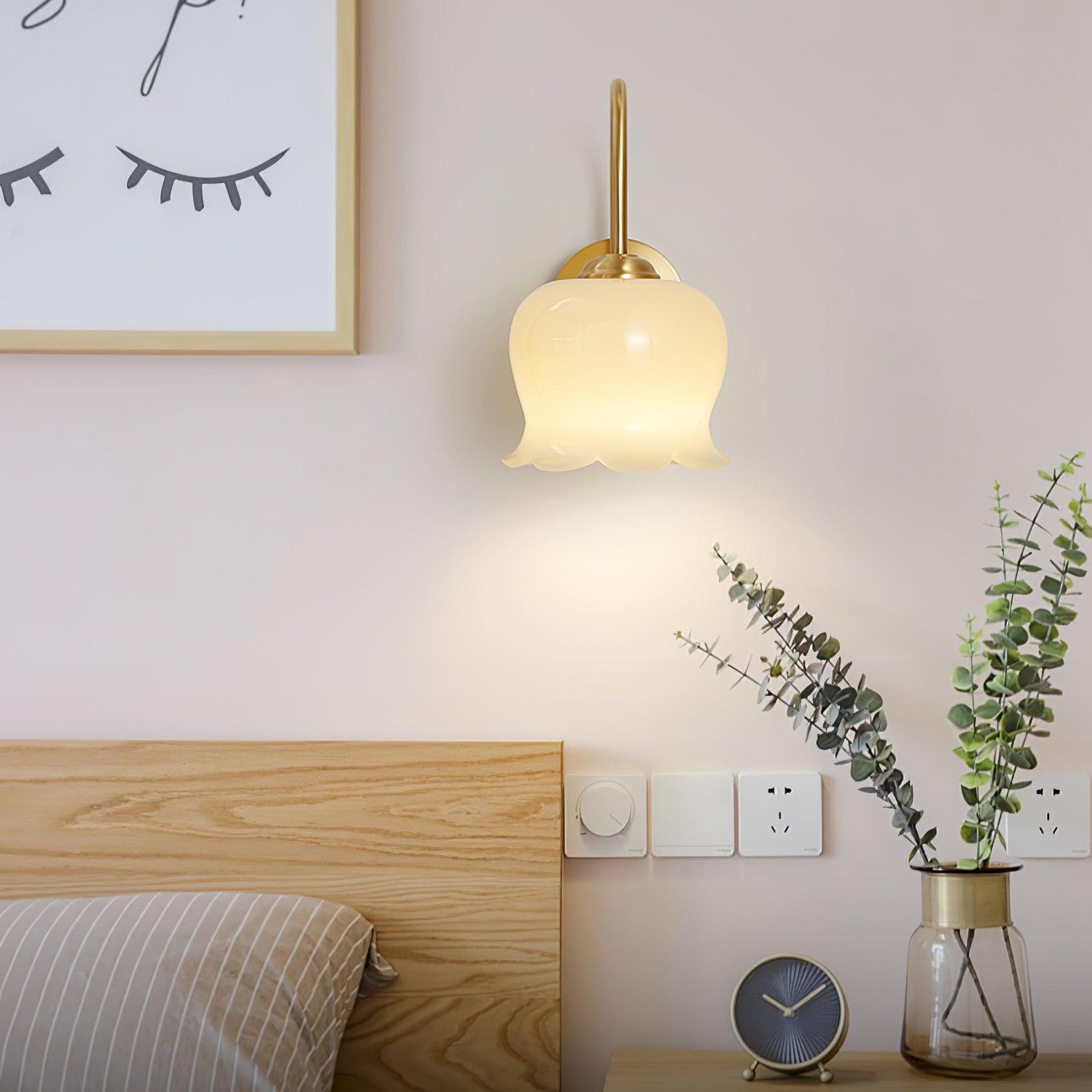 Elegant Brass Orchids Wall Sconce with White Glass Shade for Living Room and Hallway