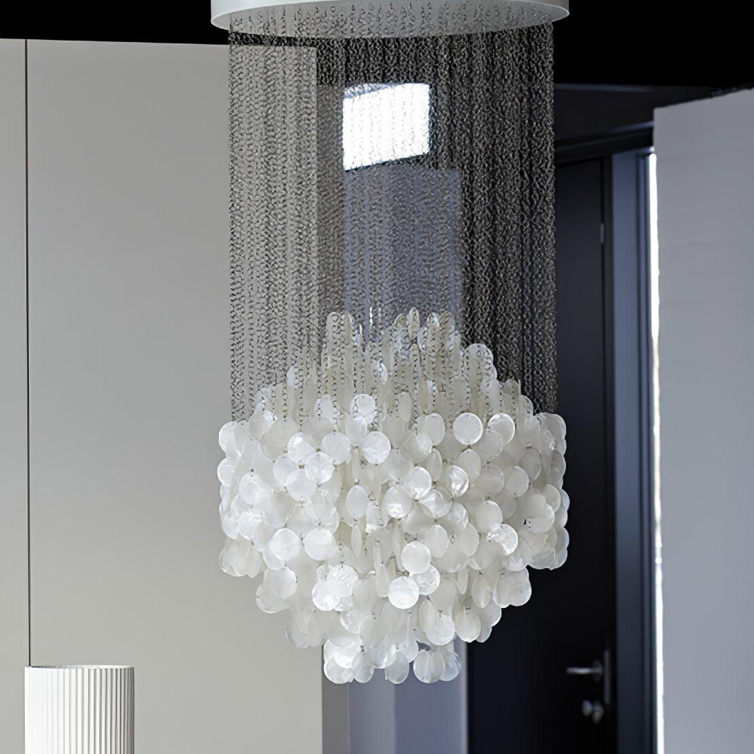 Elegant Coastal Shell Waterfall Chandelier with Cascading White Shell Discs for High Ceiling Spaces