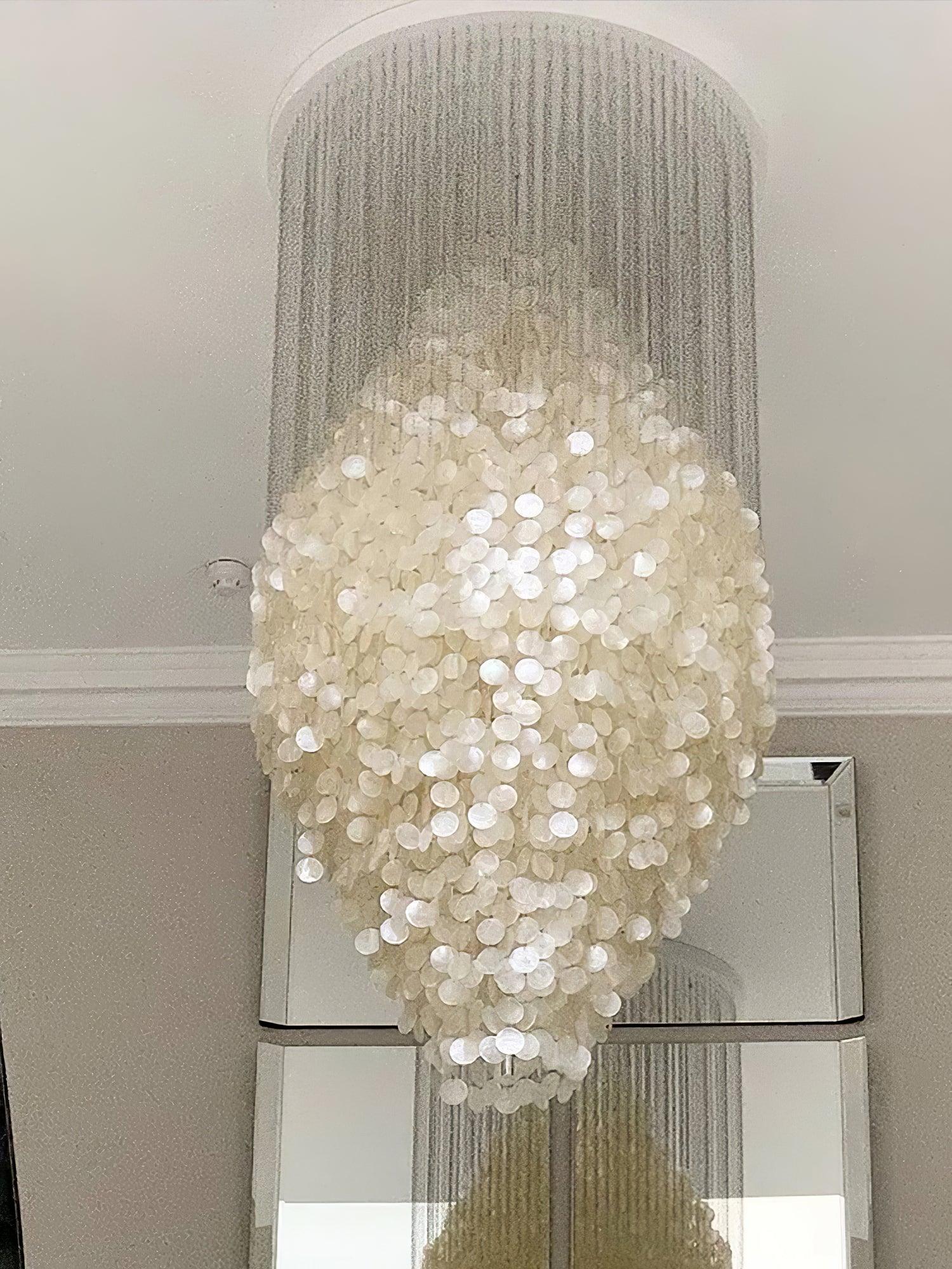 Elegant Coastal Shell Waterfall Chandelier with Cascading White Shell Discs for High Ceiling Spaces