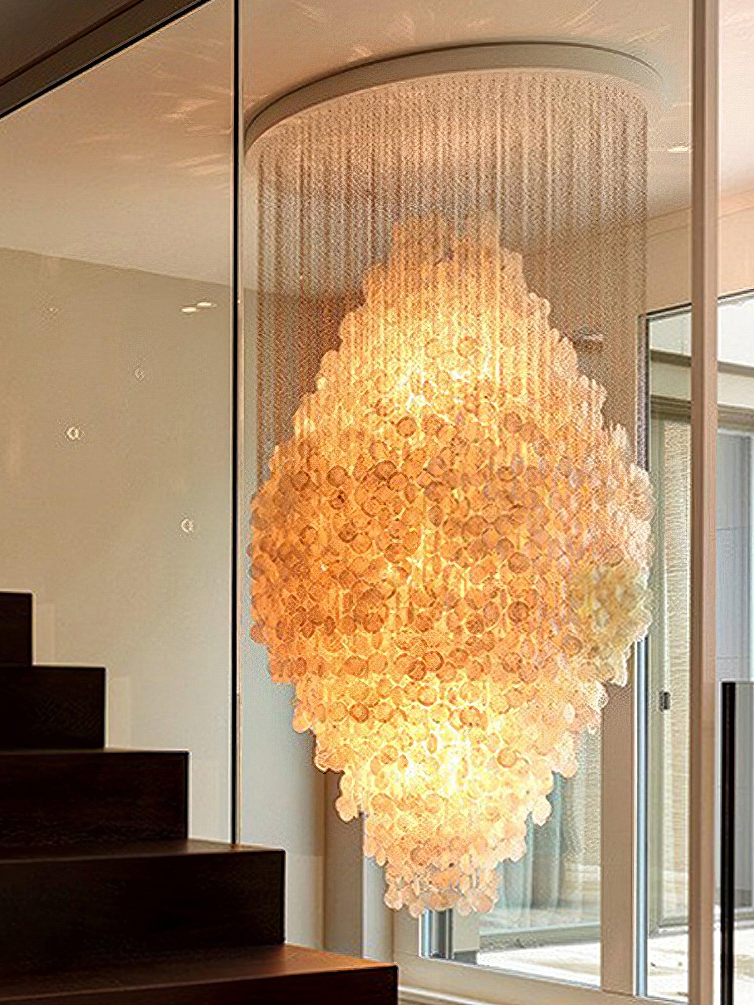 Elegant Coastal Shell Waterfall Chandelier with Cascading White Shell Discs for High Ceiling Spaces
