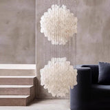 Elegant Coastal Shell Waterfall Chandelier with Cascading White Shell Discs for High Ceiling Spaces