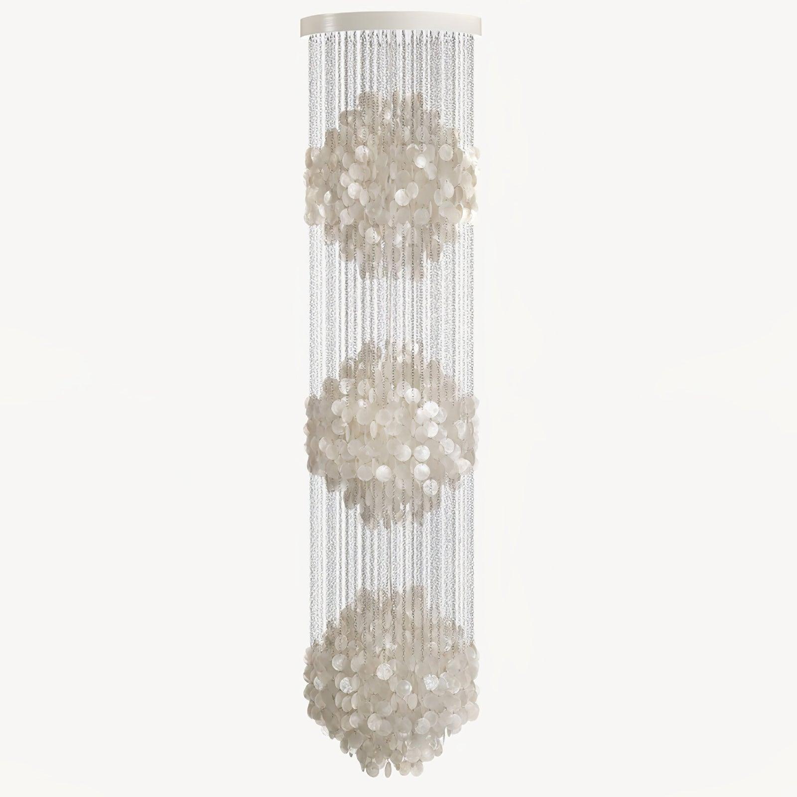 Elegant Coastal Shell Waterfall Chandelier with Cascading White Shell Discs for High Ceiling Spaces