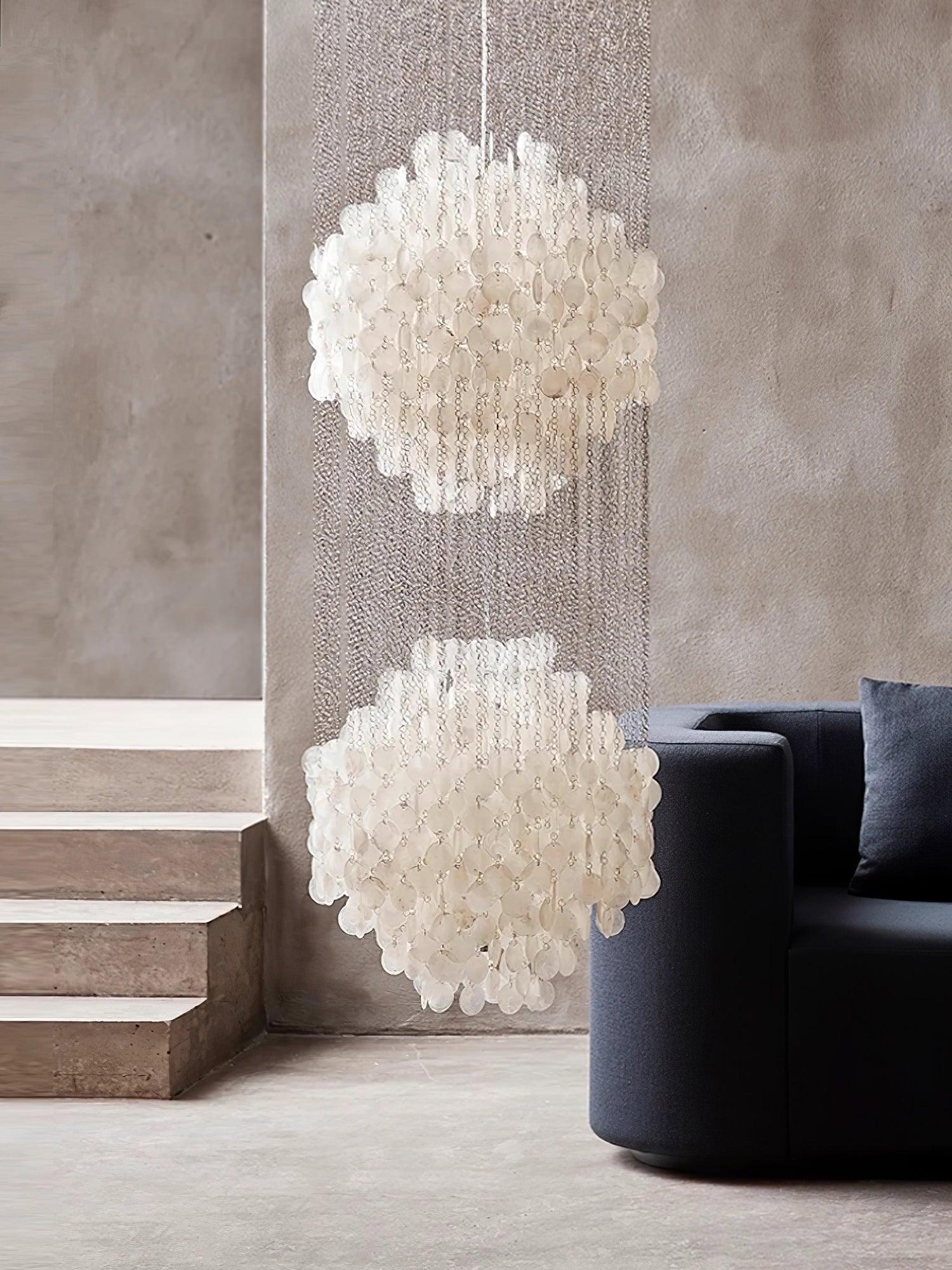 Elegant Coastal Shell Waterfall Chandelier with Cascading White Shell Discs for High Ceiling Spaces