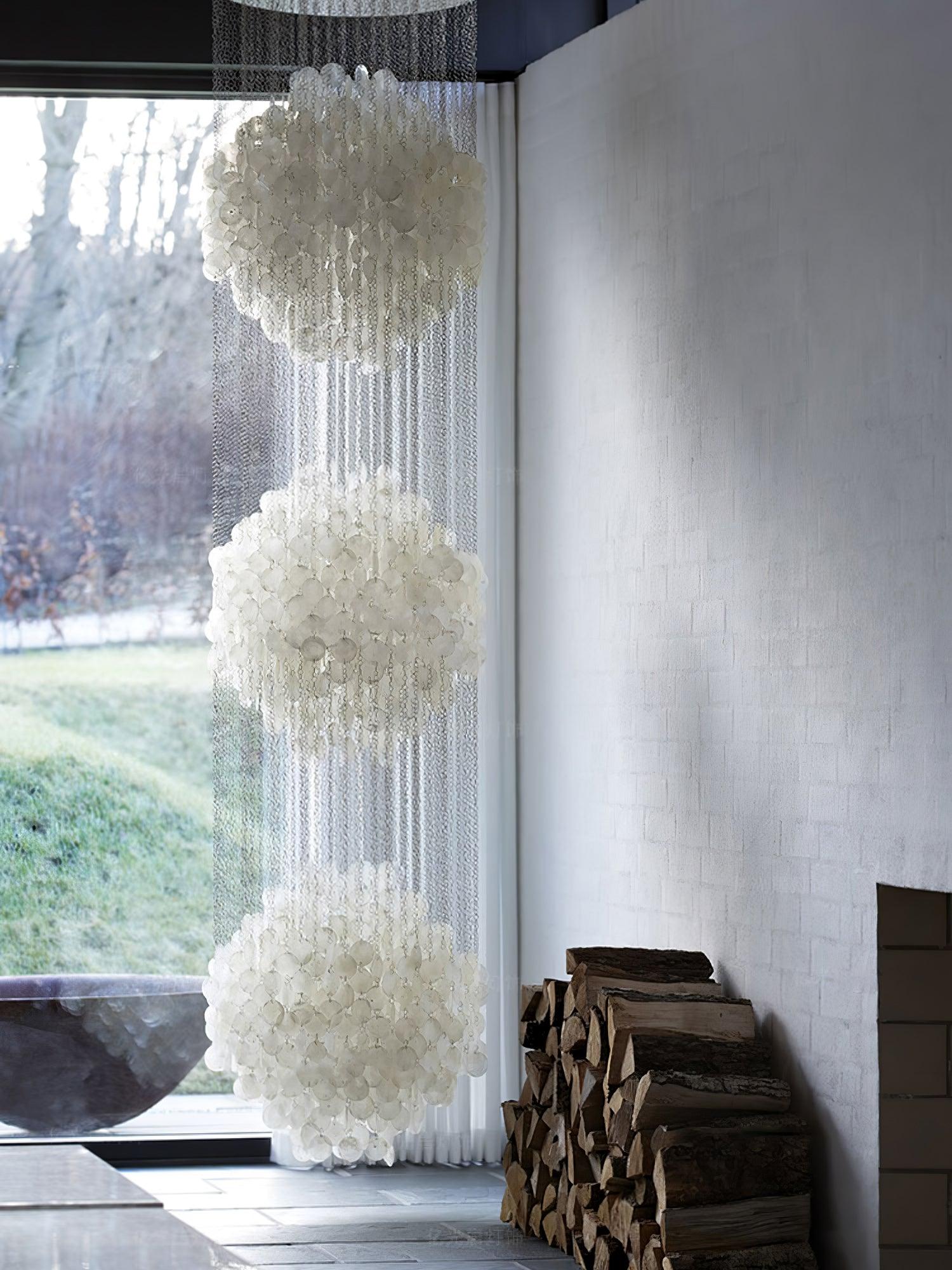 Elegant Coastal Shell Waterfall Chandelier with Cascading White Shell Discs for High Ceiling Spaces