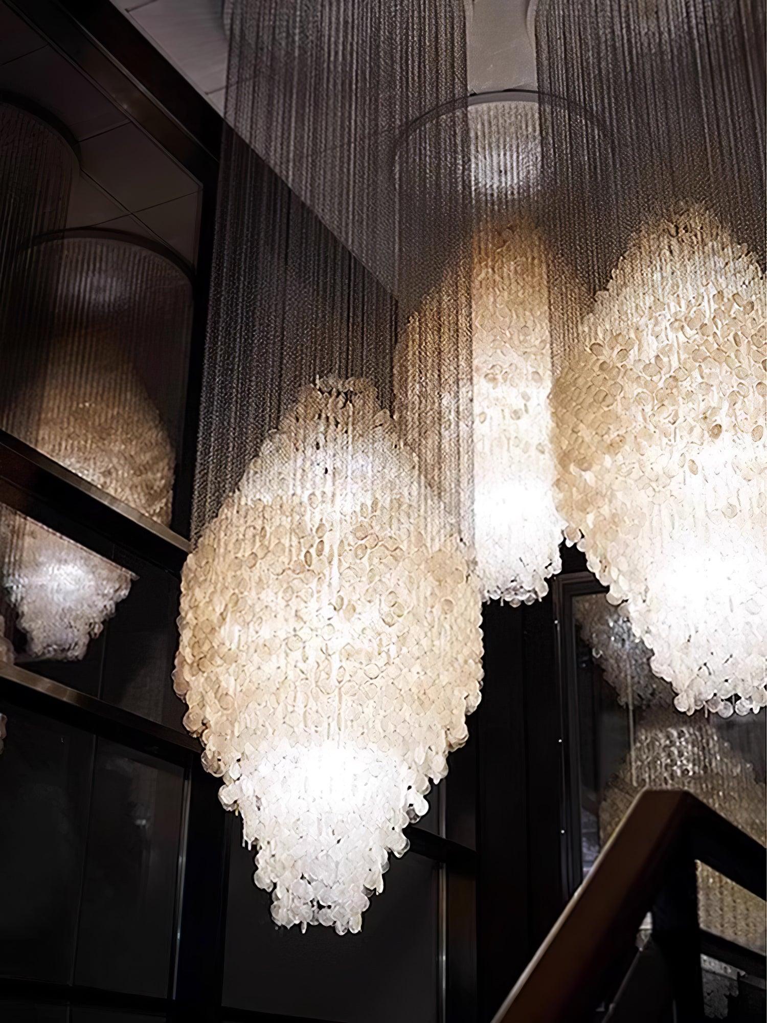 Elegant Coastal Shell Waterfall Chandelier with Cascading White Shell Discs for High Ceiling Spaces