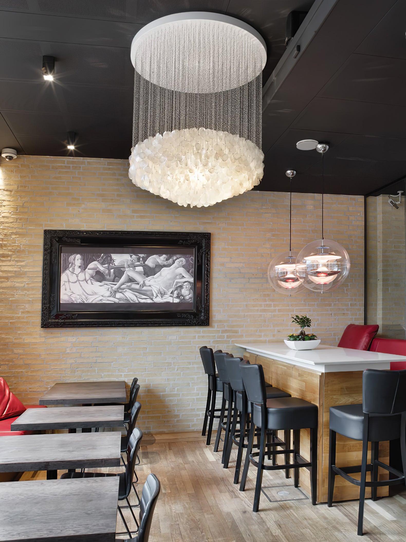 Elegant Coastal Shell Waterfall Chandelier with Cascading White Shell Discs for High Ceiling Spaces